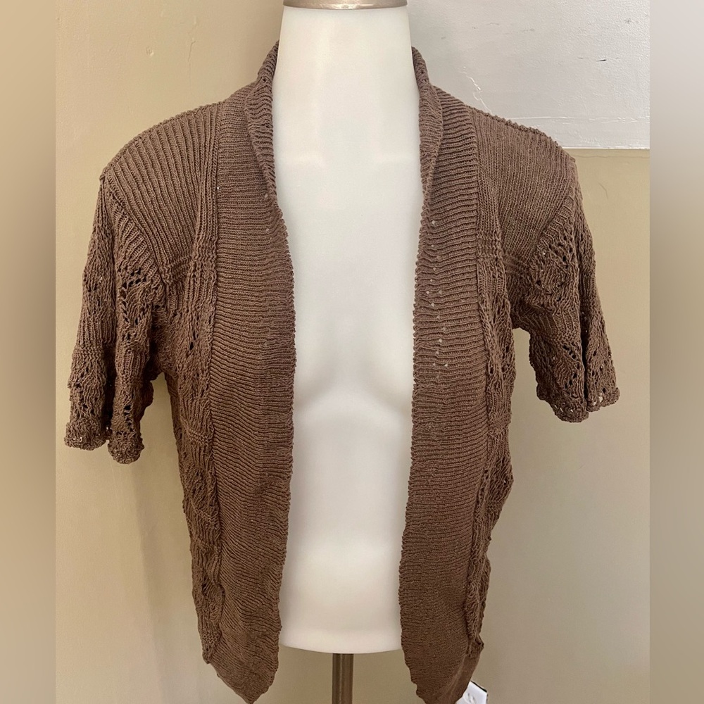 New Bina Women’s Open Knit Tan Shirt Sleeve Cardigan Sweater